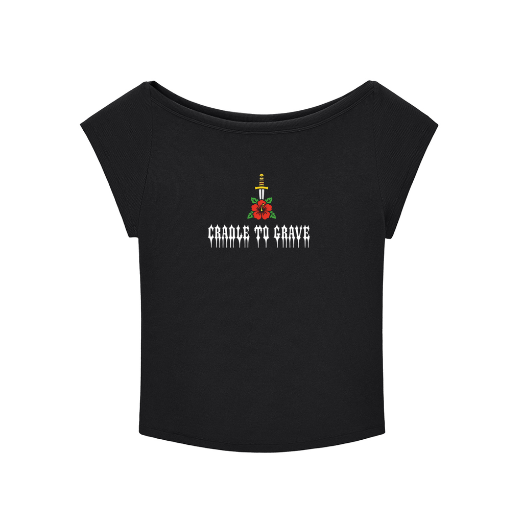 Womens Hibiscus Dagger wide neck top - Black