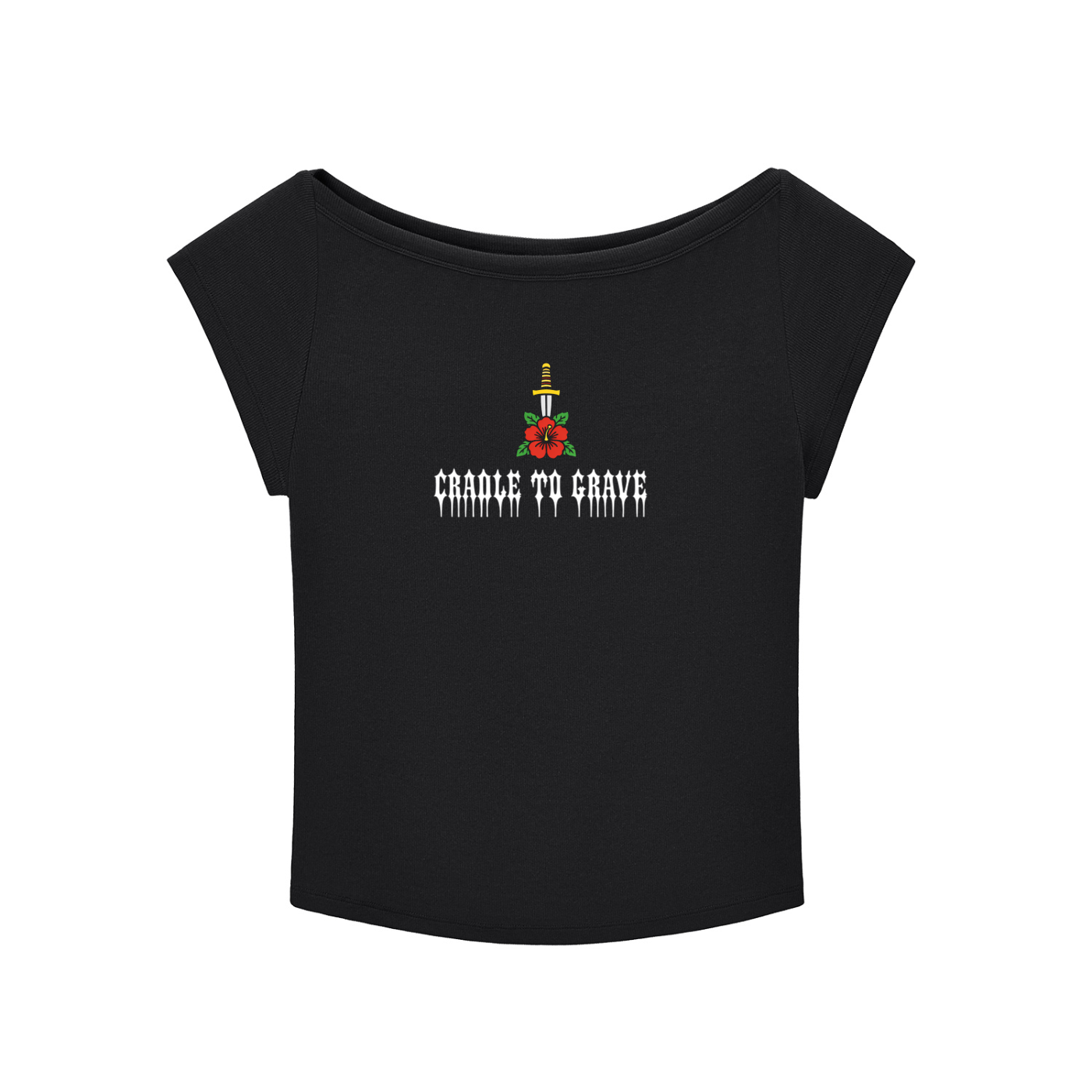 Womens Hibiscus Dagger wide neck top - Black