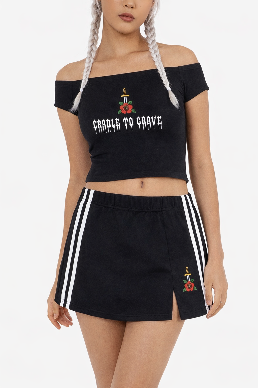 Womens Hibiscus Dagger wide neck top - Black